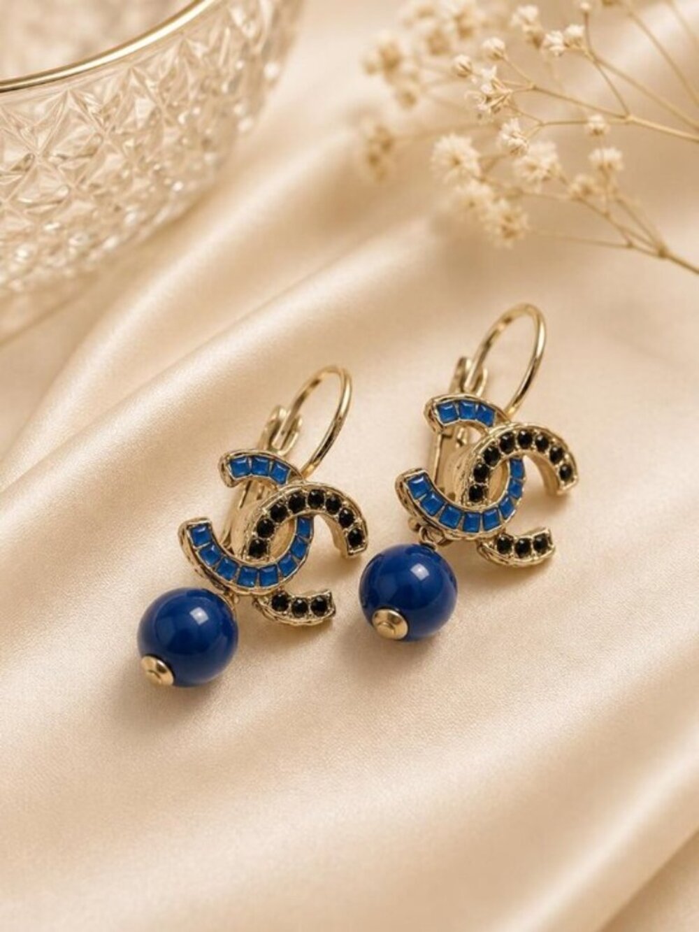 Authentic CHANEL CC Blue Beaded Drop Earrings Gold Tone Crystal Designer Luxury